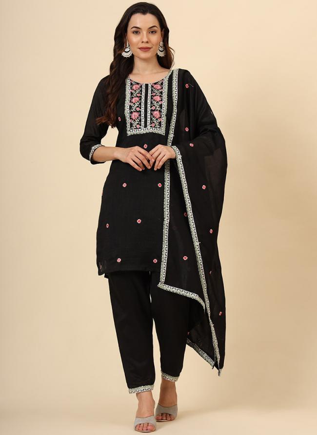 Vichitra Silk Black Traditional Wear Embroidery Work Readymade Kurti Set